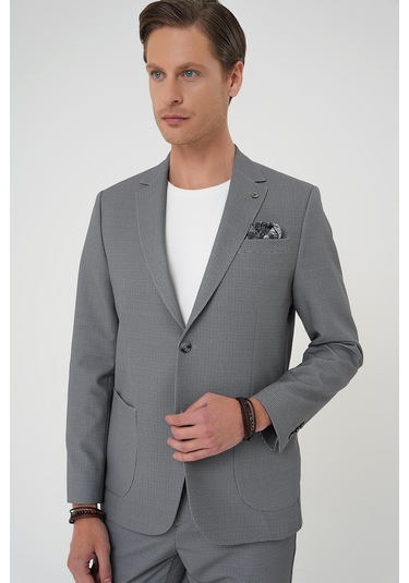 Comfort Fit Mono Yaka Çift Yırtmaç Torba Cep Kendinden Desenli Casual Siyah Ceket C 705 Siyah