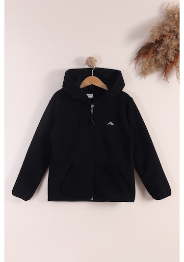 Monox Lastik Manşetli Fermuarlı Kapüşonlu Çocuk Unisex Polar Ceket Siyah