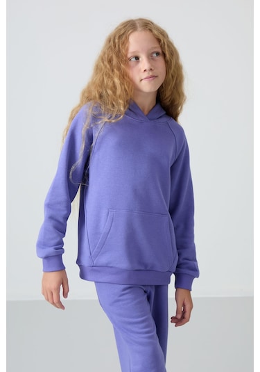 Tommy Life Eflatun Pamuklu İçi Tüylü Yumuşak Dokulu Standart Fit Nakışlı Kız Çocuk Eşofman Takım - 75162 Eflatun