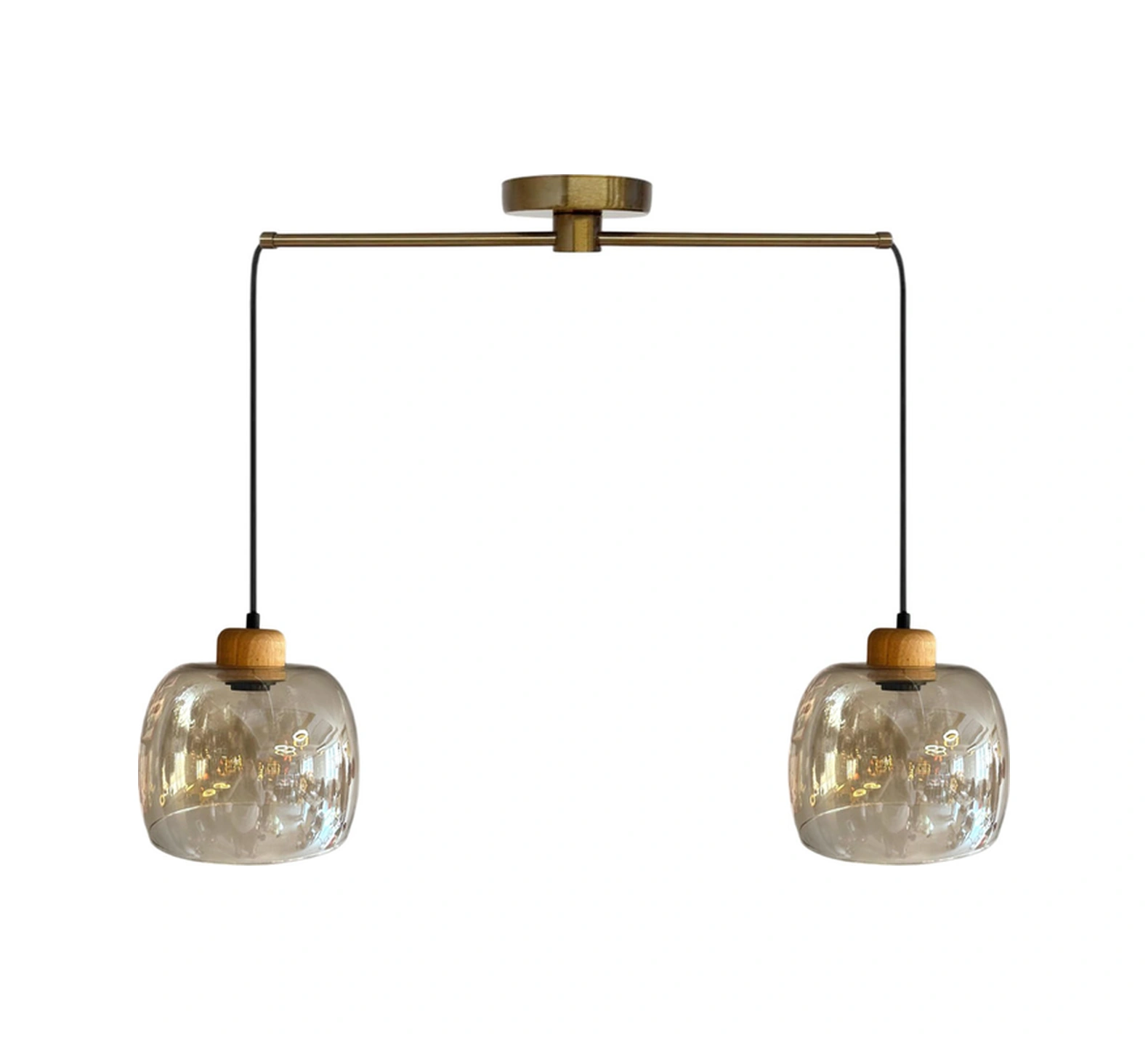 Dijon Cam Bal Rengi İkili Metal Çubuk Sarkıt Avize Geniş Ahşap Başlık Salon Pastane Avizeleri Bal