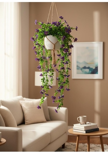 Yapay Çiçek Mor Sarkan Mineli Okaliptus Şimşir Yapay Sarmaşık 5dal 60cm Mor