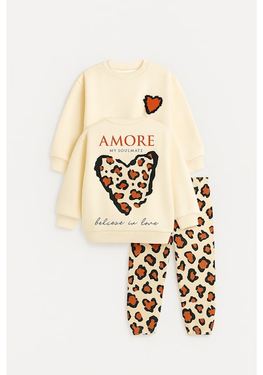 Kız Çocuk Siyah 3 İplik Şardonlu Takım Yıldız Desenli Sweatshirt & Rahat Eşofman Altı Ekru