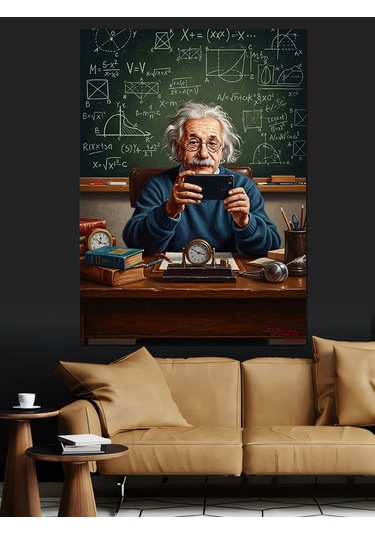Ahşap Tablo Tabletle Uğraşan Bilgin Albert Einstein