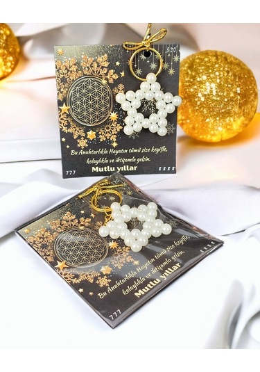 10 Adet İnci Anahtarlık Hediyeli Yılbaşı Tebrik Kartı Yeni Yıl Hediyesi