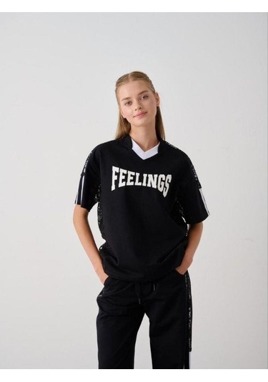 Kız Çocuk Feelings Baskılı Tshirt Pantolon Tasarım Takım-15516 Siyah