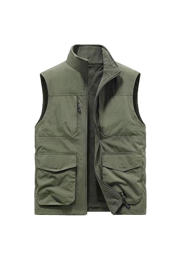 Snapbuy Kışlık Çift Taraflı, Çok Cepli, Bol Kesimli, Kalın Peluşlu Erkek Yeleği Asker Yeşili