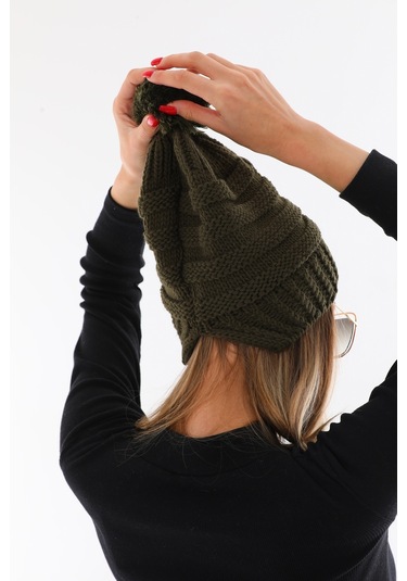 Kadın Kalın Haki Örgü Ponponlu Bere Haki