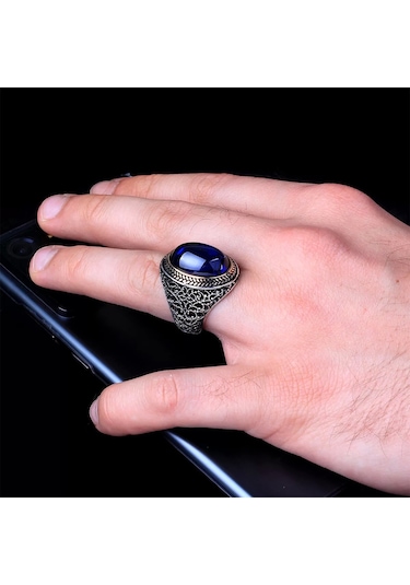 Lacivert Zirkon Taşlı Gümüş Erkek Yüzük Silver 925 Ayar