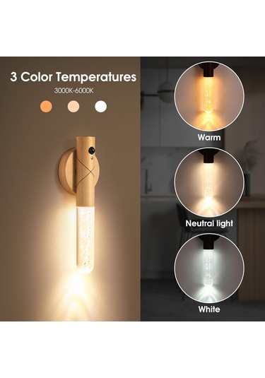 Monyee Ahşap Usb Şarjlı Hareket Sensörlü Led Lambası - 3 Renk Ayarı 3000-6000k - Odun Kabinet/entrance Gece Lambası - Kolluklu Kullanım Beyaz