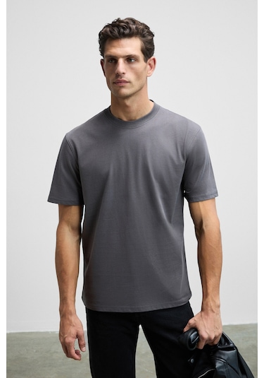 Solo Erkek %100 Organik Pamuklu Kalın Dokulu Comfort Fit Bisiklet Yakalı Antrasit T-Shirt