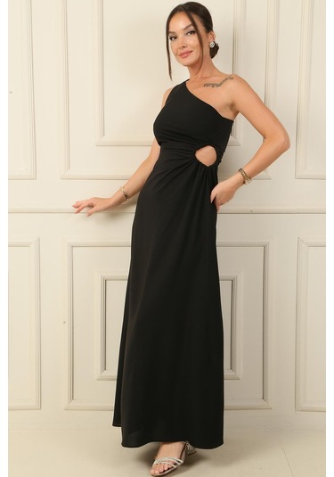 Kadın Tek Omuz Yan Pencere Detaylı Uzun Krep Saten Elbise-38275 Siyah