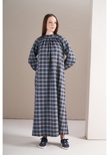 Boynu Büzgülü Elbise Küçük Kareli Kahve Lacivert Kahverengi - Lacivert