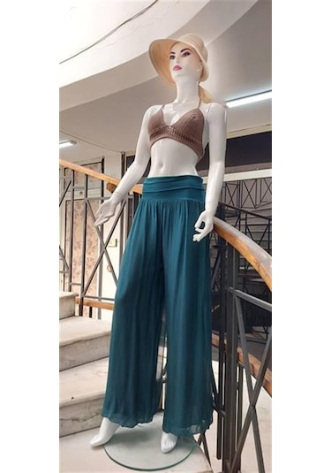 Bohem Stil Italyan Korse Belli Astarlı İpek Pantolon Zümrüt Yeşili
