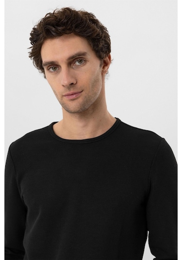 Siyah Slim Fit Armürlü Bisiklet Yaka Triko Kazak-36351 Siyah