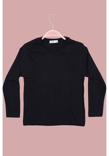 Basic Bisiklet Yaka Uzun Kol%100 Pamuk Likralı Düz Unisex Çocuk T-shirt Siyah