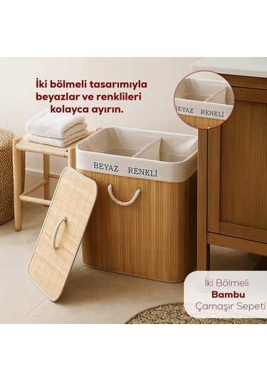 Porsima Pbt-440 Çift Bölmeli Kapaklı Kirli Çamaşır Sepeti Dikdörtgen - İki Bölmeli Bambu Kirli Çamaşır Sepeti Bambu
