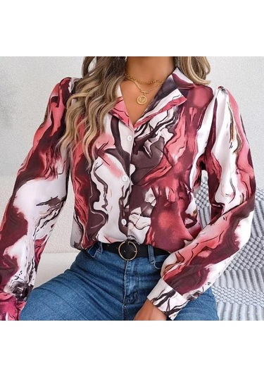 Ofis Kadın Rahat Moda Kontrast Renk Baskı Bluz Kadın Uzun Kollu Sonbahar Kış Zarif Çentikli Gömlek Elbise Tops 28621 Bordo
