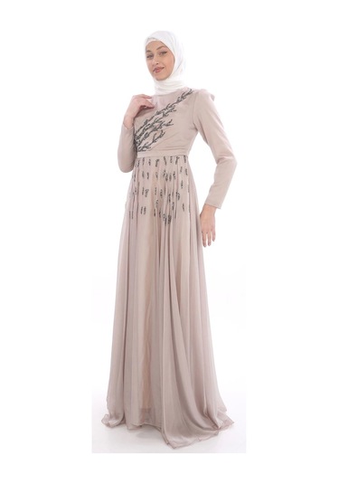 Taş İşleme Detaylı Tesettür Abiye Elbise 741-bej Bej