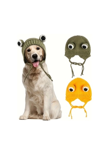 Elmpaly Sarı Renkli Rahat Örgü Evcil Hayvan Şapkası: Büyük Gözlü Kurbağa Desenli, Ayarlanabilir, Kışlık Sessiz Kulak Koruma