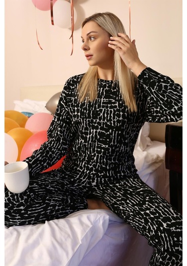 Akbeniz Kadın Uzun Kol 3 İplik Penye Pijama Takım 4180 - L Siyah