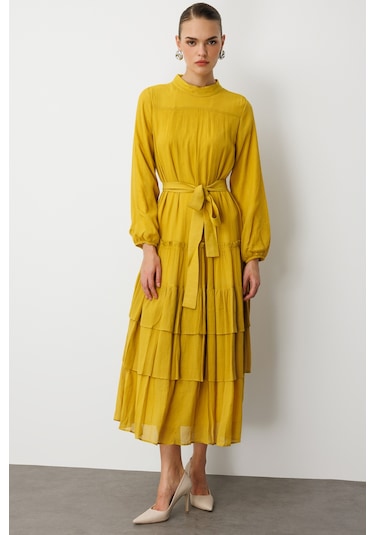 Hardal Mizalle Kat Pileli Maksi Koyu Sarı Elbise Sarı