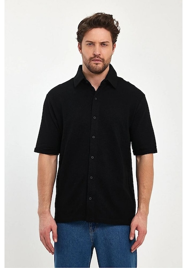 Erkek Önü Düğmeli Rahat Kalıp Nefes Alabilen %100 Pamuk Gömlek Siyah