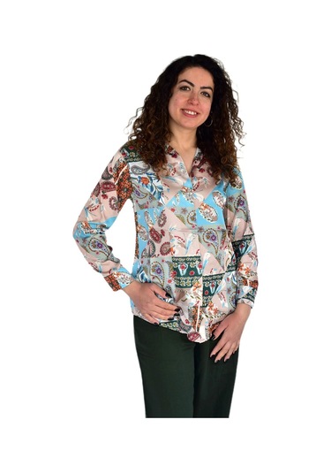 Kadın Saten Baskıkılı Desen Uzun Kol Gömlek Bgl-st04214 Yeşil