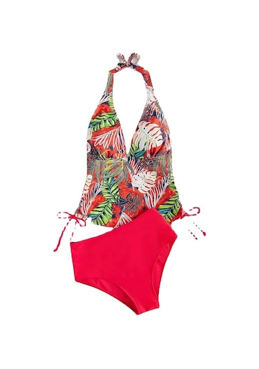 Mayo Kadın Bölünmüş Üçgen Dantel Katı Yaprak Baskılı Bikini Mayo Turuncu