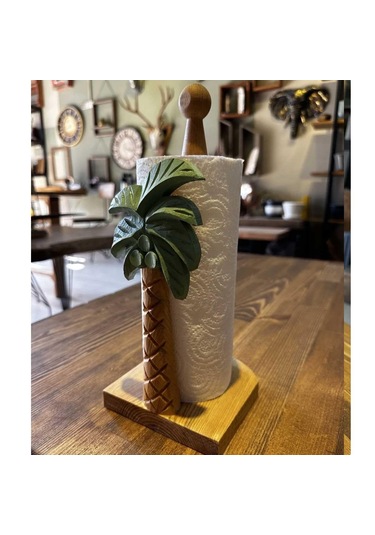 Reyo Ahşap Oyma Peçetelik Kağıt Rulo Havluluk Palmiye Desenli