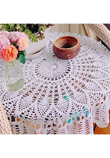 Xindoker El İşi Dantel Masa Örtüsü - Vintage Çiçek Desenli Yuvarlak Kahve Masası Kapağı Beyaz