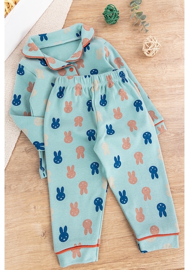 Önden Çıt Çıtlı Tavşan Desenli Yeşil Pamuklu Erkek Bebek/çocuk Pijama Takımı 001