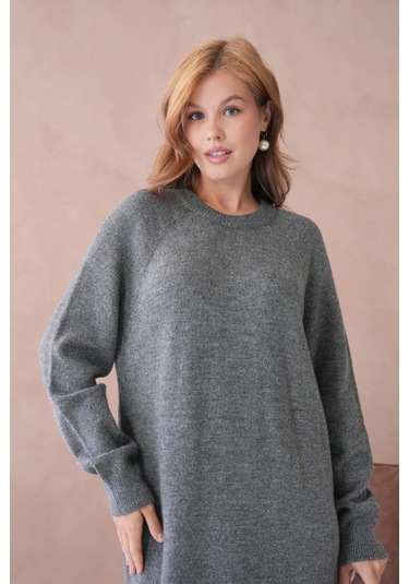 Kadın Bisiklet Yaka Yumuşak Dokulu Maksi Boy Şardonlu Oversize Triko Elbise 8324sw Antrasit