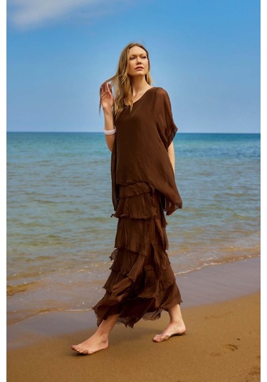 İtalyan 2 Beden Ince Gösteren Yarım Kol Kat Kat Ipek Elbise-8794 Kahverengi