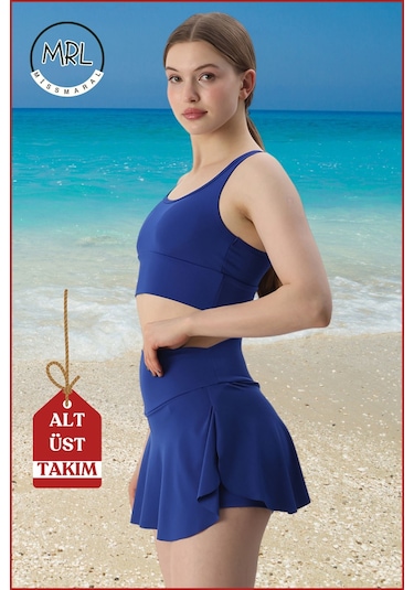 Kadın Alt-üst Takım Şort & Sabit Pedli Üst Crop Denizde Havuzda Sporda Swimsuit Mavi Takım3107 Mavi