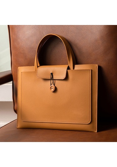 Aubyhe 15.6 İnç Pu Dikişli Bilgisayar Çantası - Hafif, Dayanıklı, 3 Cep Tasarımı, Açık Kahverengi, Dış Çanta İç Çanta Kahverengi