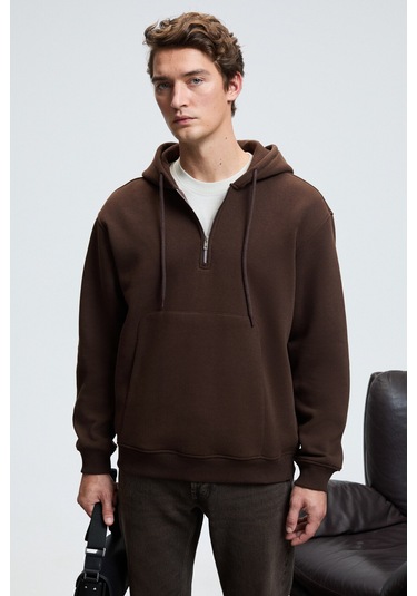 JUSTUS Erkek Kapüşonlu Kanguru Cepli Fermuar Yakalı Kahverengi Sweatshirt