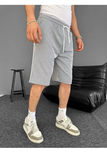 Su Yolu Çizgili Ön Arka Cepli Şort Yazlık Nefes Alabilir - Gri Gri