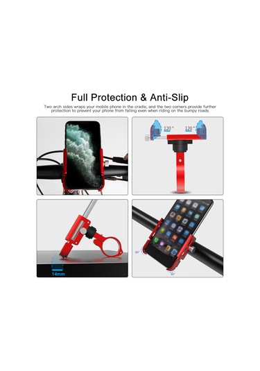 Shineyee Gub P30 Cnc Alüminyum Bisiklet Telefon Tutucu 360 Döner 60-100mm Genişlik Ayarı Kırmızı Kırmızı