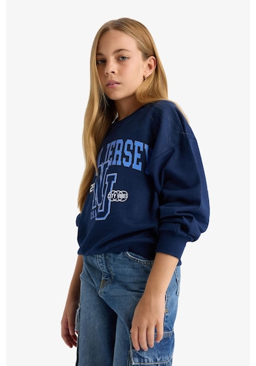 Defacto Kız Çocuk Relax Fit Bisiklet Yaka Baskılı Sweatshirt E8894a825aunv241 Lacivert