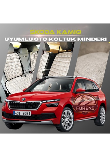 Skoda Kamiq Bej Renk Tay Tüyü Cepli & Terletmez Sırtlı Oto Koltuk Minder Seti - Koltuk Koruma Kılıfı Ön & Arka Tam Set