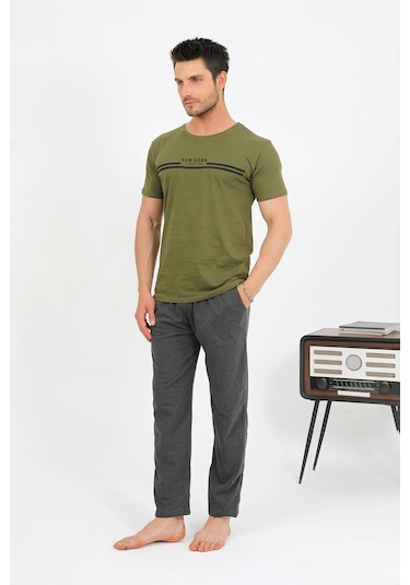 Akbeniz Erkek Pamuk Kısa Kol Pijama Takım Haki 6875 Haki