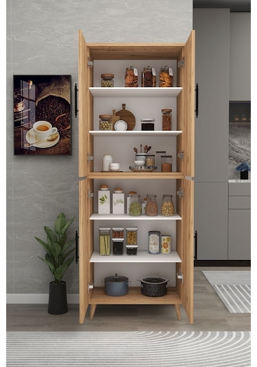 Meta 6 Raflı 4 Kapaklı Çok Amaçlı Xl Dolap Mutfak Banyo Balkon Erzak Killer Dolabı - Çam