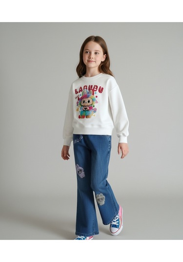 Labubu Kız Çocuk Renkli Baskılı Sweat Ve Kot Pantolon Takım Beyaz