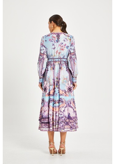 Kadın Desenli V Yaka Elbise Uzun Kollu, Kuşaklı, Astarlı Mavi