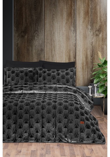 Lucianna Jakar Kadife Çift Kişilik Yatak Örtüsü Takımı Siyah Bej