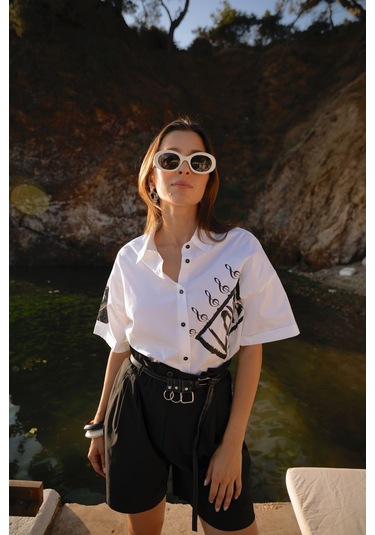 Kadın Kısa Kollu Baskı Detaylı Gömlek Frn6005 Beyaz