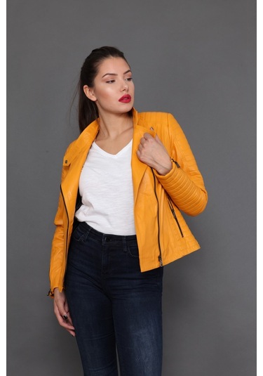 Hakiki Deri Sarı Kadın Ceket Sarı