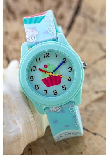 Kız Çocuk Kol Saati Turkuaz Cupcake Desenli Analog St-304425