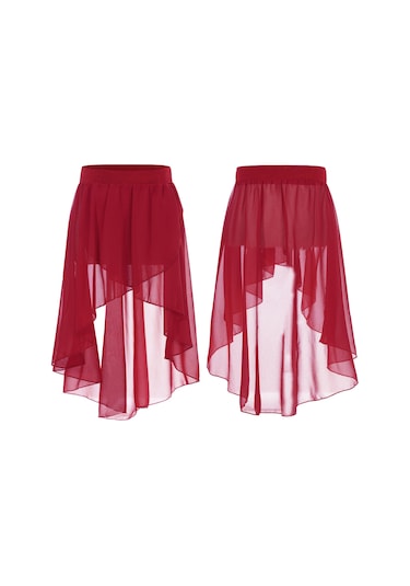 Bordo Kızlar Yüksek Düşük Bale Mini Etek Elastik Şeffaf Şifon Yan Daldırma Asimetrik Tutu Stüdyo Uygulama Performansı Kostüm Bordo