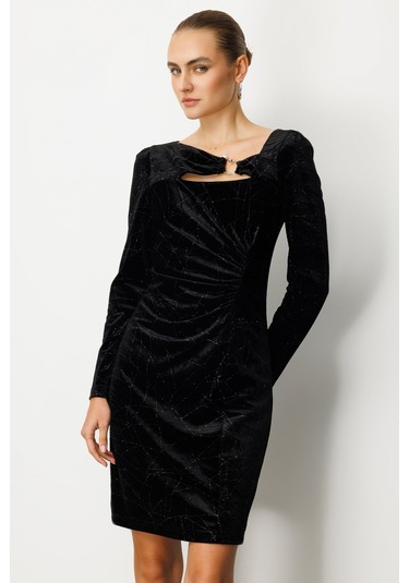 Ekol Kadın Önü Büzgülü Kadife Elbise 4035 Siyah Siyah